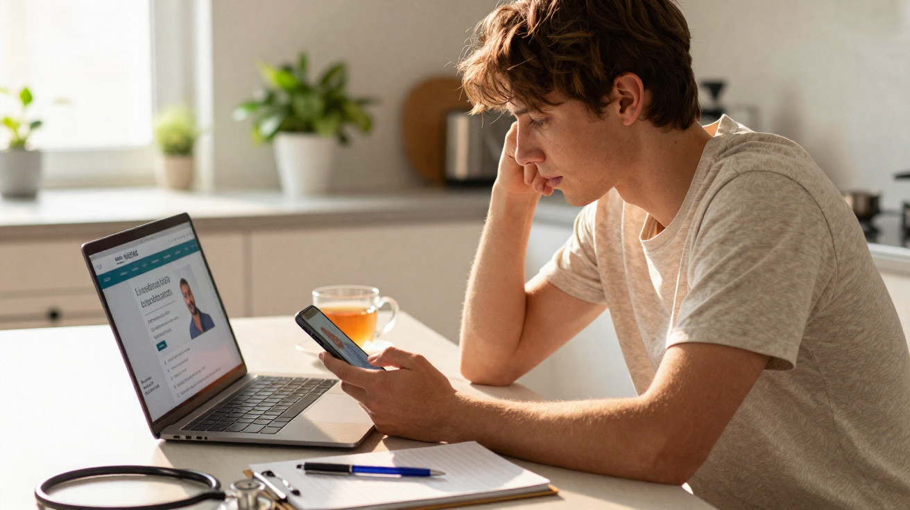 Homem jovem sentado à mesa a estudar no portátil e usar telemóvel numa cozinha luminosa durante o dia.