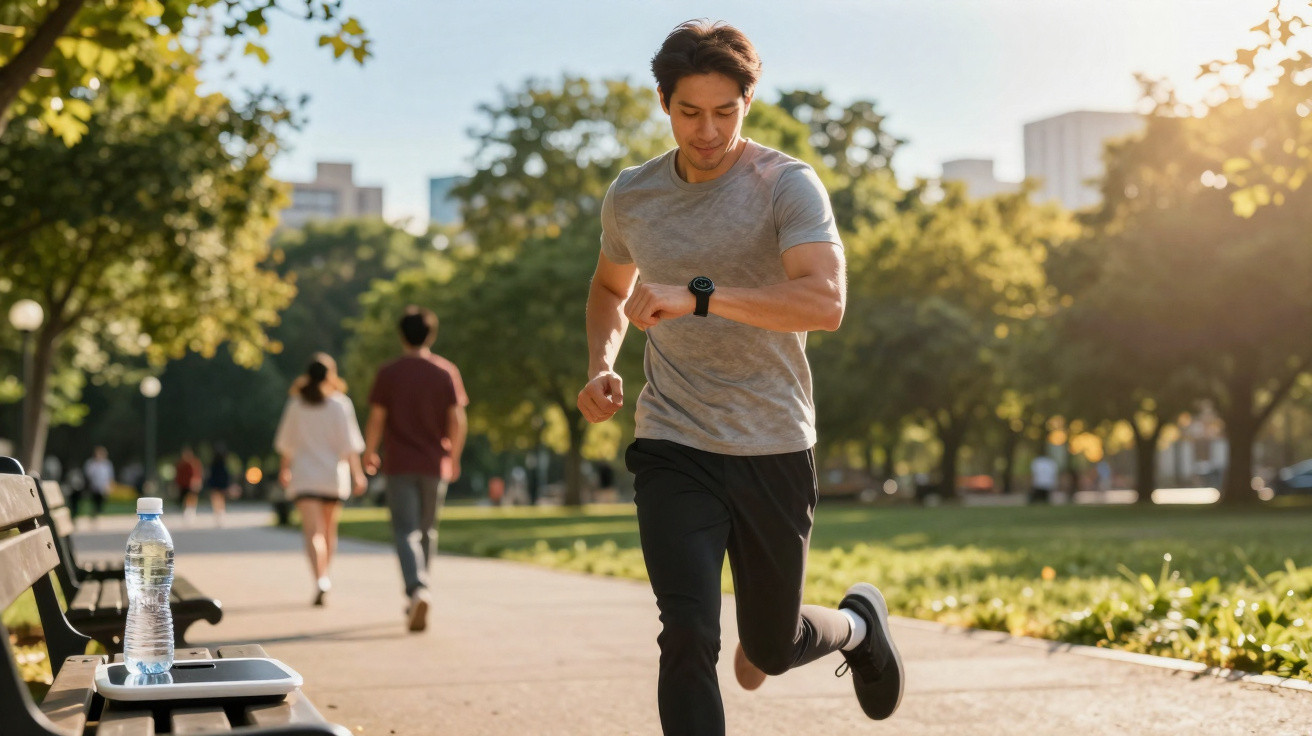 Homem a correr num parque urbano sob luz solar, olhando para o relógio desportivo no pulso.