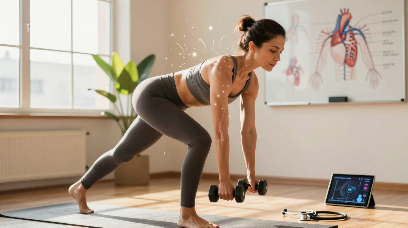 Mulher a fazer exercício com halteres em casa, com tablet e diagrama anatómico ao fundo.