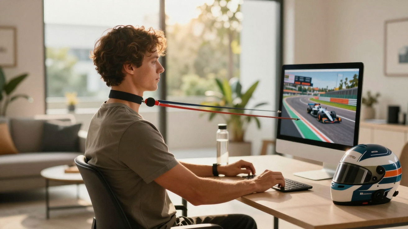 Jovem sentado a jogar videojogo de corridas num computador, com dispositivo de controlo de cabeça ligado ao pescoço.