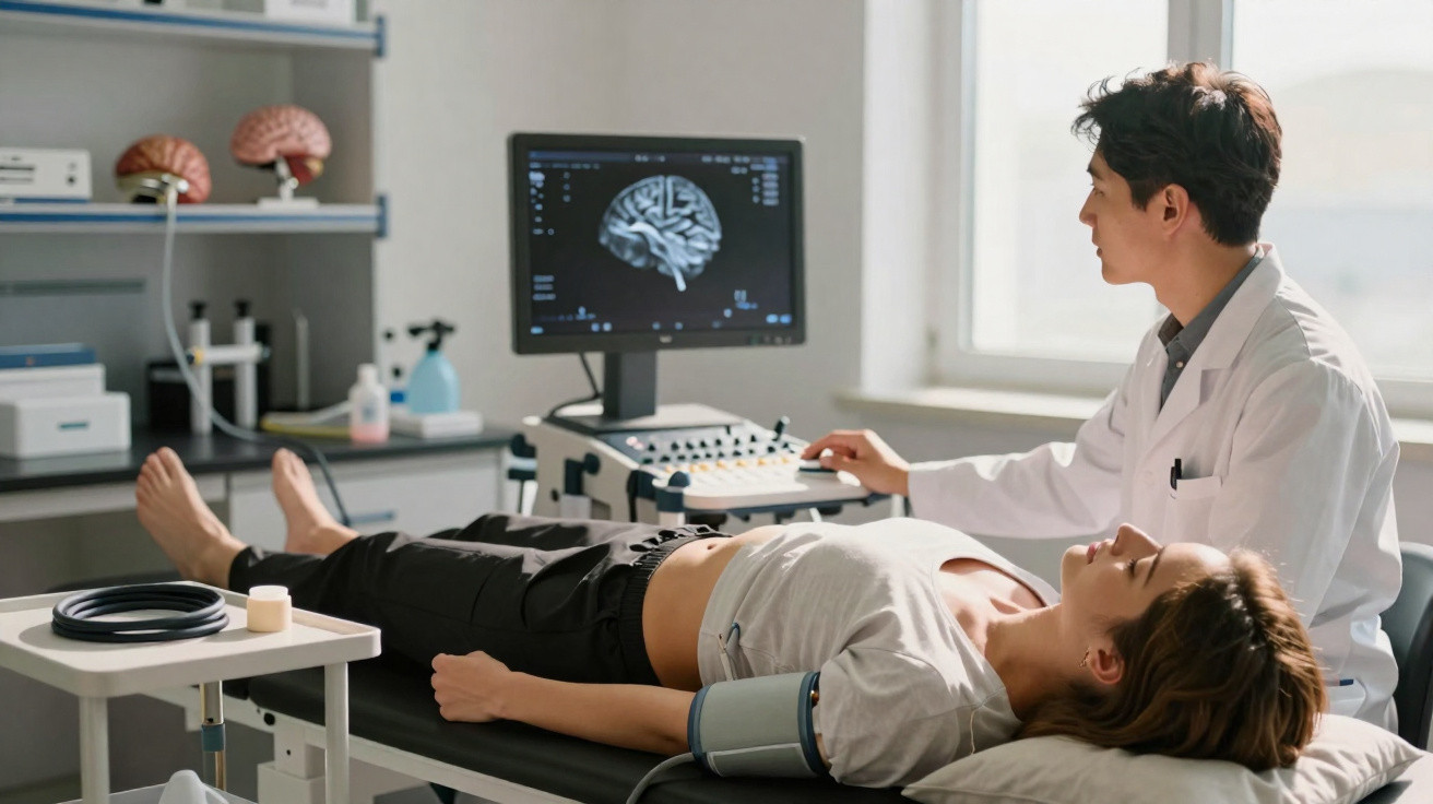 Médico a analisar imagens cerebrais num monitor com paciente deitada e monitorada numa consulta neurológica.