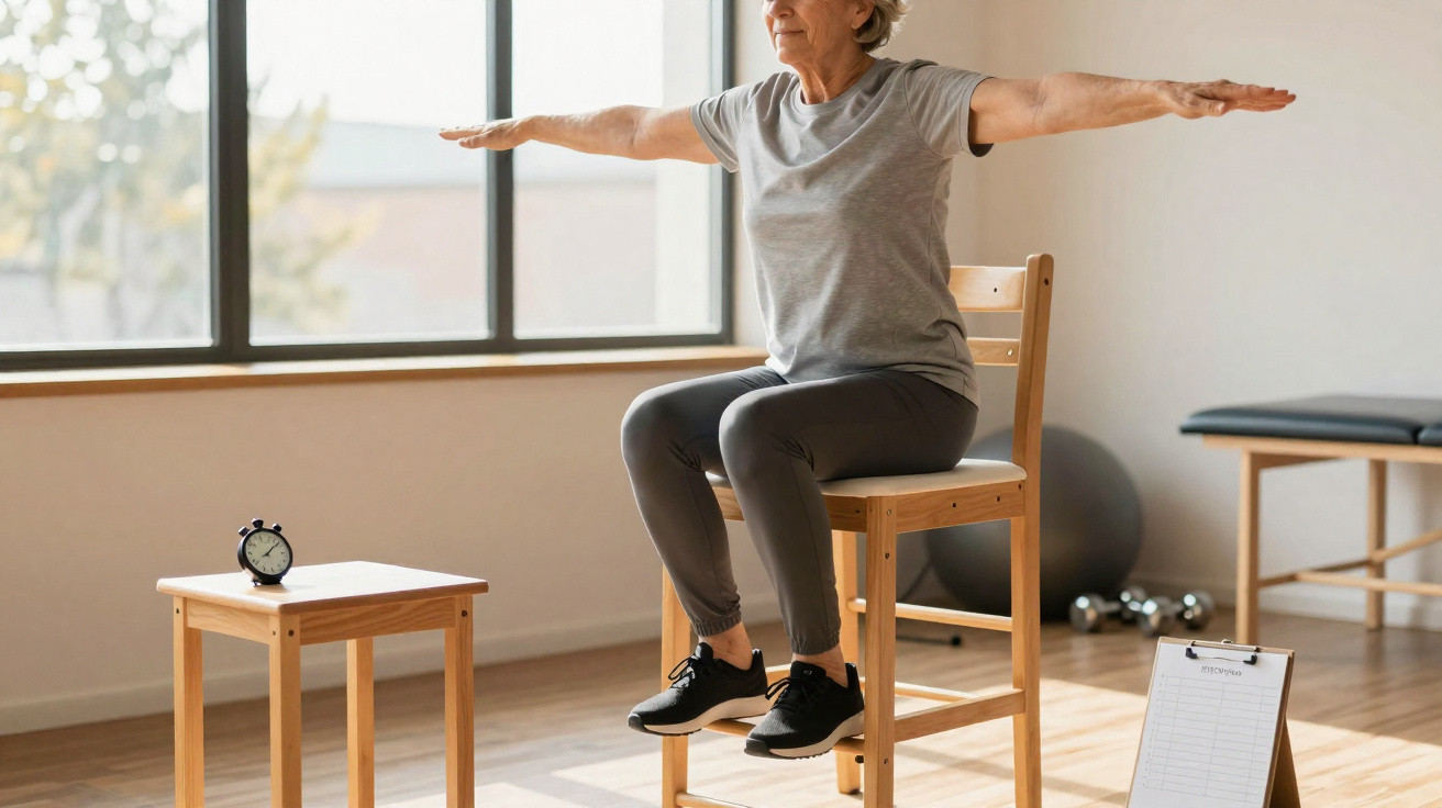 Mulher idosa a fazer exercício de equilíbrio sentada numa cadeira num ambiente luminoso e interior.