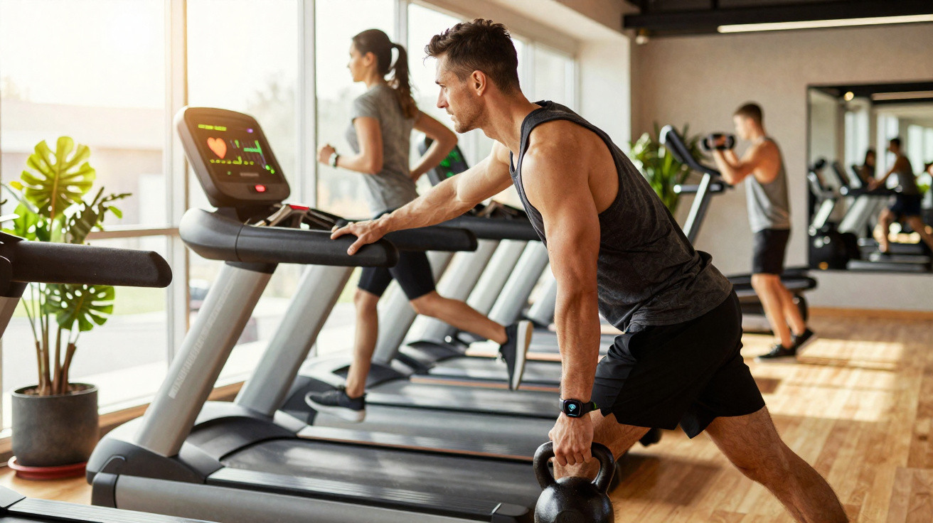Homem a alongar o braço com kettlebell numa academia com pessoas a correr na passadeira.