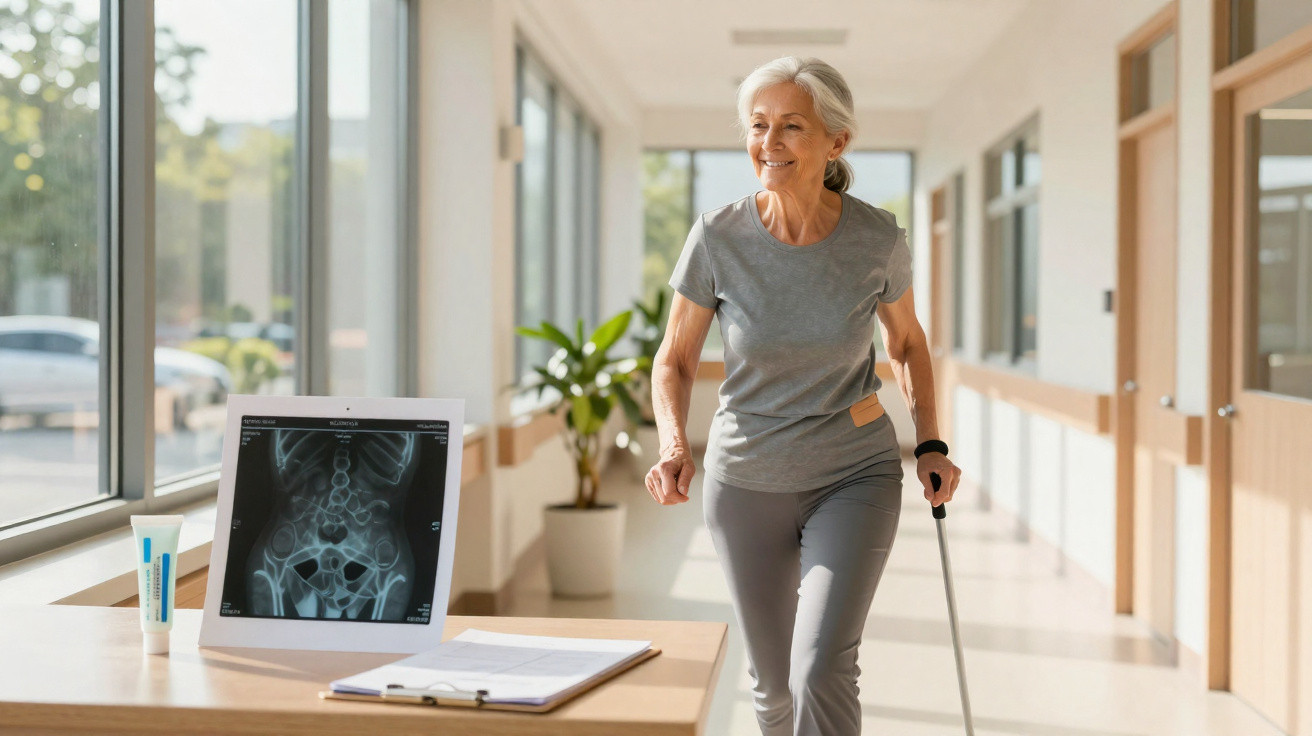 Mulher idosa com bengala a caminhar sorridente num corredor iluminado, perto de radiografia de ossos na mesa.