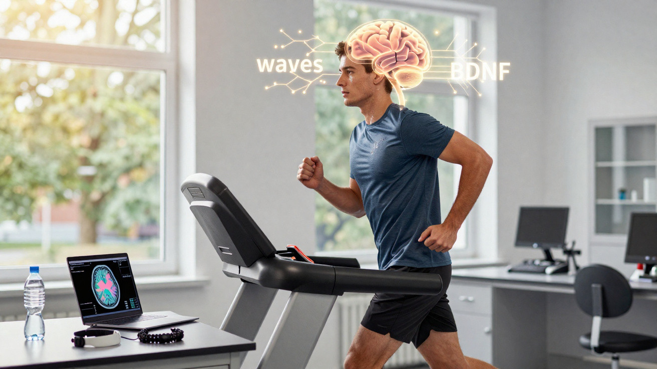 Homem a correr numa passadeira, com cérebro e termos científicos em destaque digitalmente acima da cabeça.