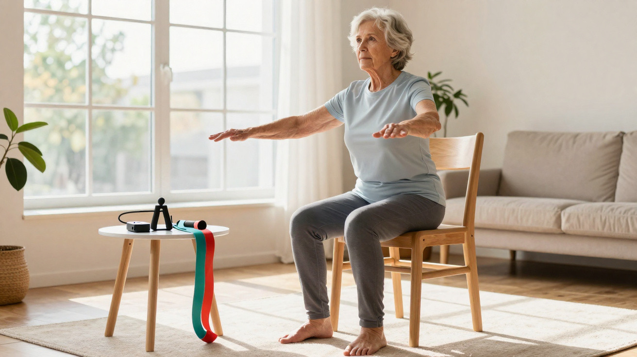 Idosa a fazer exercício sentado numa cadeira numa sala luminosa com faixa elástica sobre mesa.