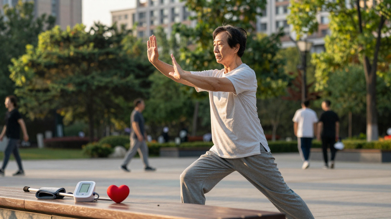 Pessoa idosa a praticar tai chi num parque urbano, com monitor de pressão arterial e coração vermelho ao lado.
