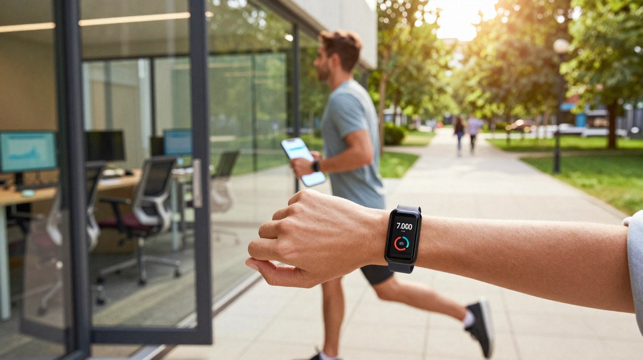 Pessoa a correr numa zona urbana com pulseira fitness a mostrar 7.000 passos num ecrã digital.