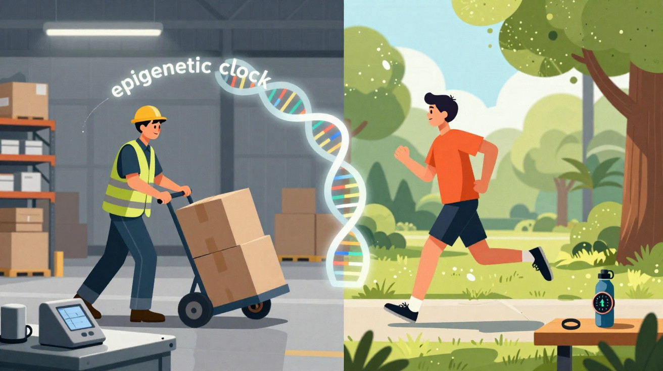 Homem a trabalhar no armazém e pessoa a correr no parque com ilustração de relógio epigenético entre ambos.