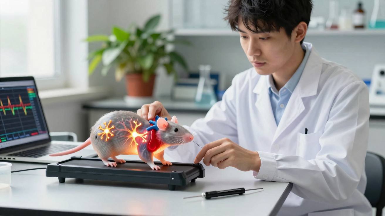 Cientista em laboratório a estudar rato com destaque gráfico para sistema nervoso e coração.