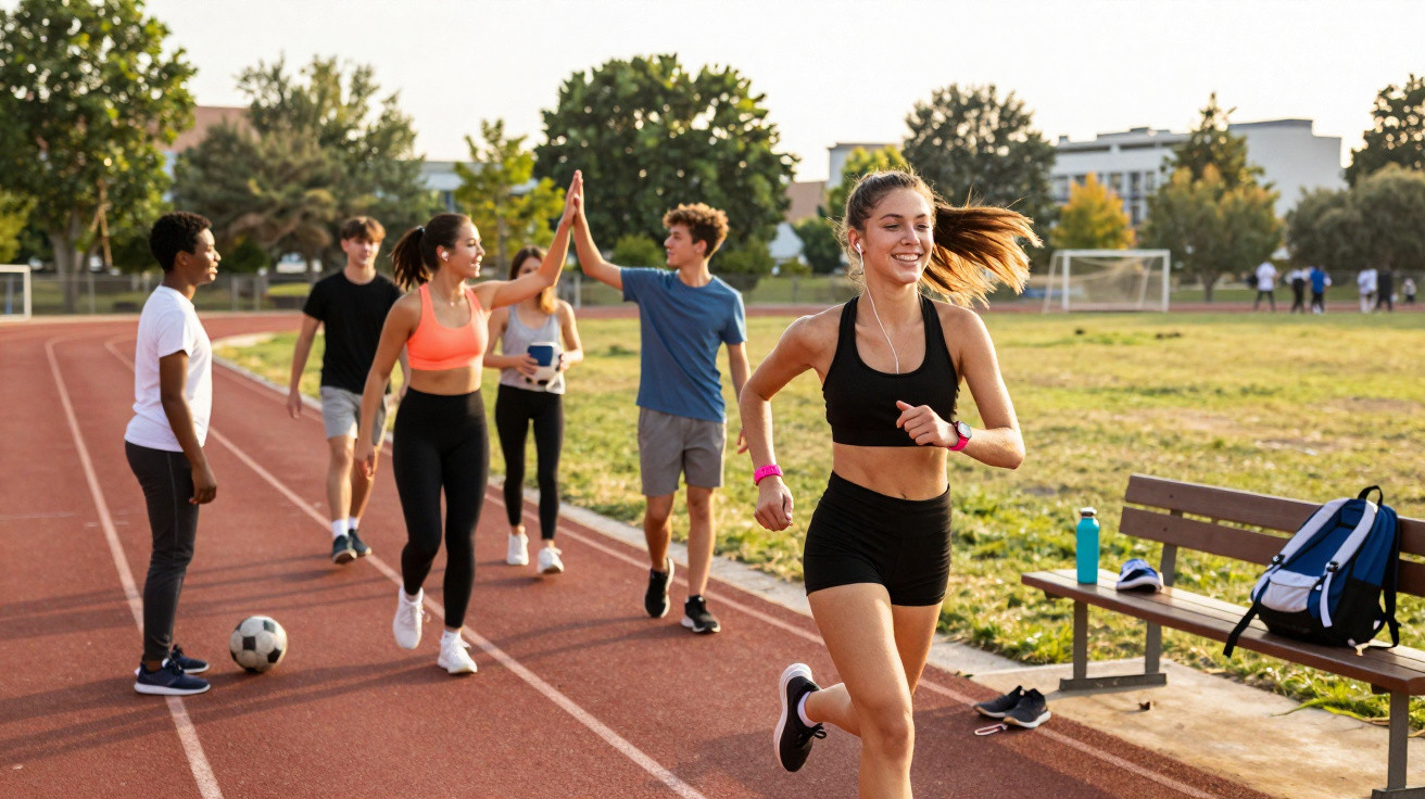 Jovens a praticar desporto numa pista ao ar livre, com uma a correr e outros a cumprimentarem-se.