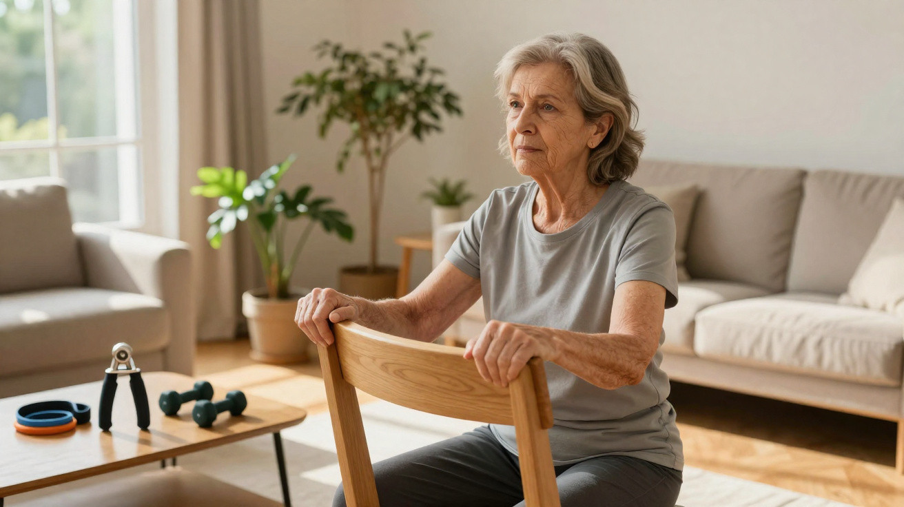Mulher idosa a fazer exercícios de fortalecimento em casa, segurando as costas de uma cadeira de madeira.