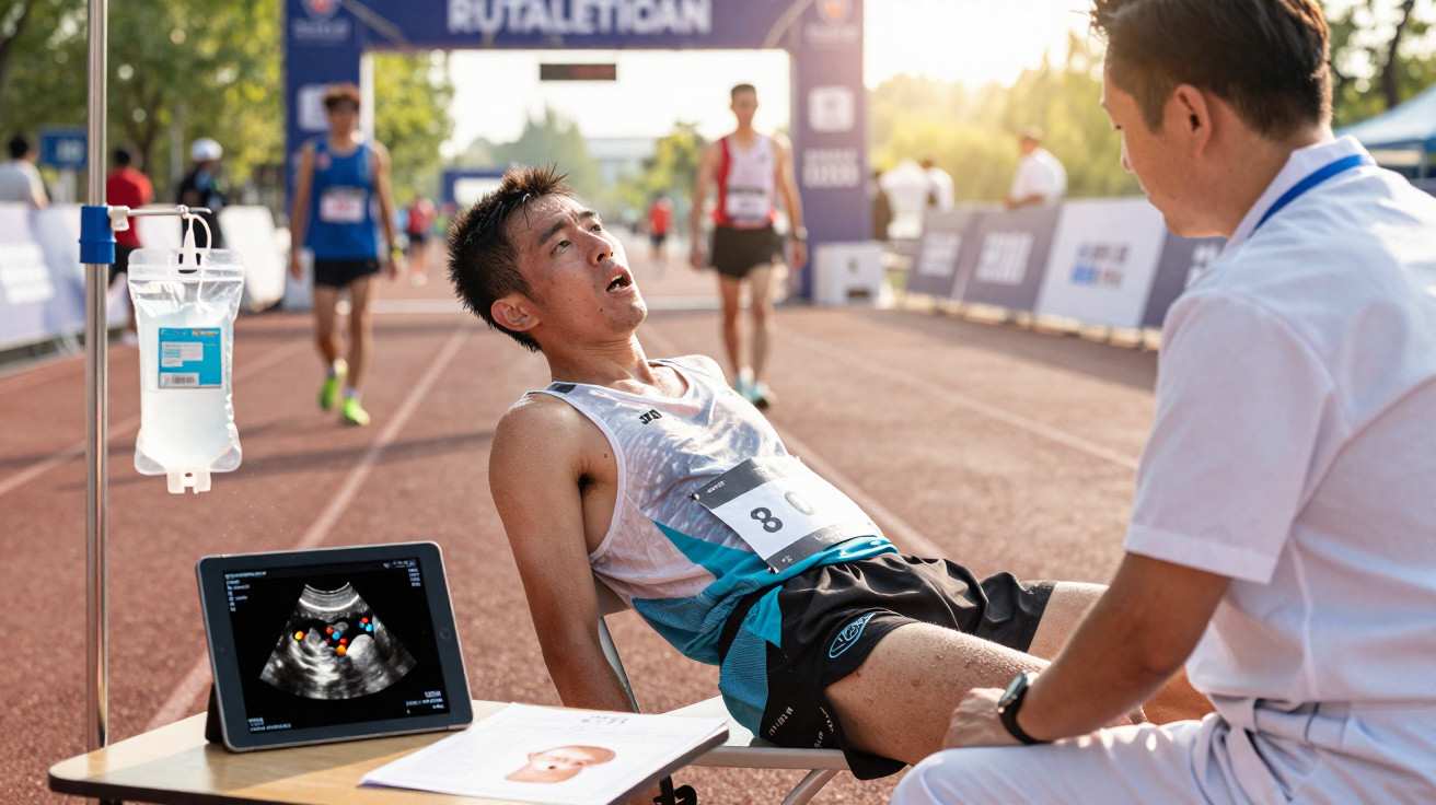 Atleta cansado sentado recebe atendimento médico com ecografia e soro numa prova de atletismo ao ar livre.