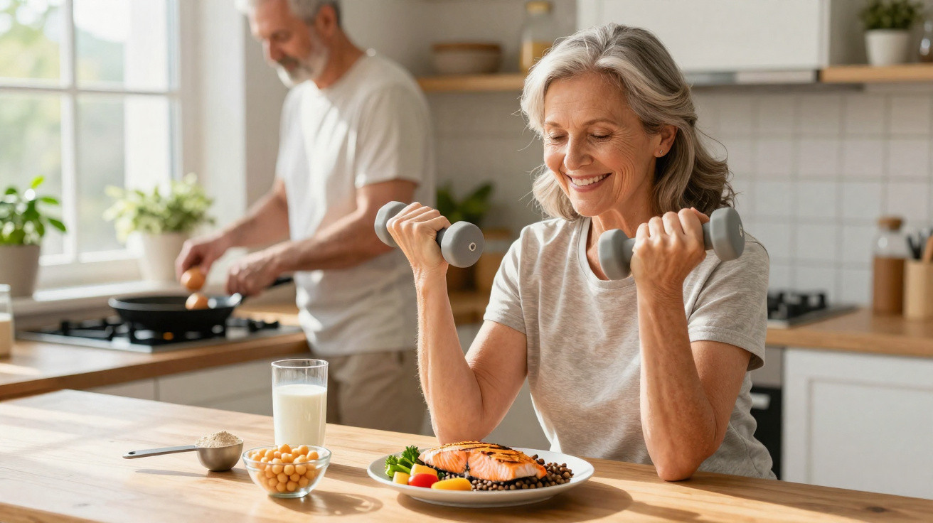 Mulher idosa a fazer exercício com pesos e homem a cozinhar numa cozinha iluminada e moderna.