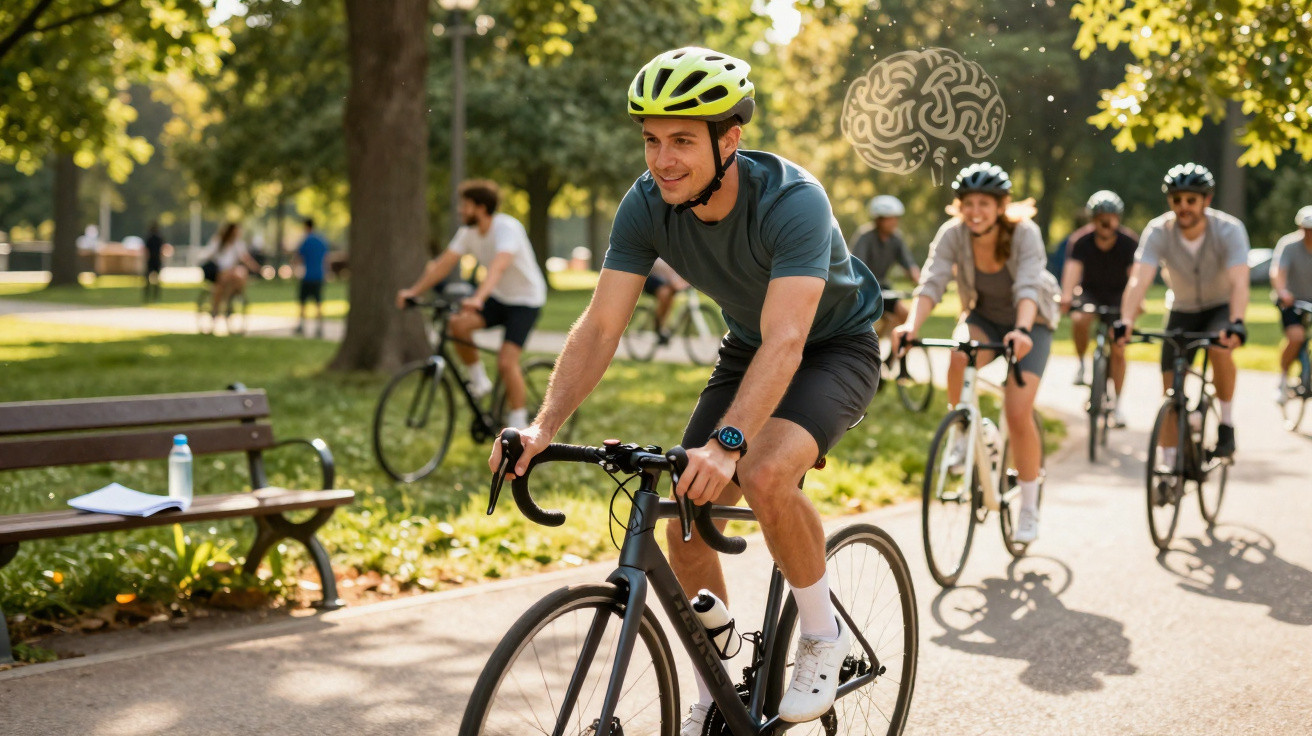 Grupo de pessoas a andar de bicicleta num parque ensolarado, com árvores e banco ao lado.