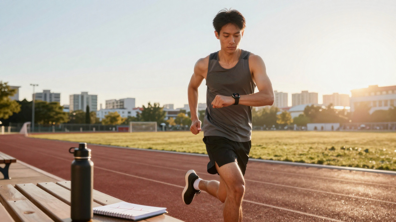 Homem a correr numa pista de atletismo ao pôr do sol, com garrafa de água e caderno numa bancada próxima.