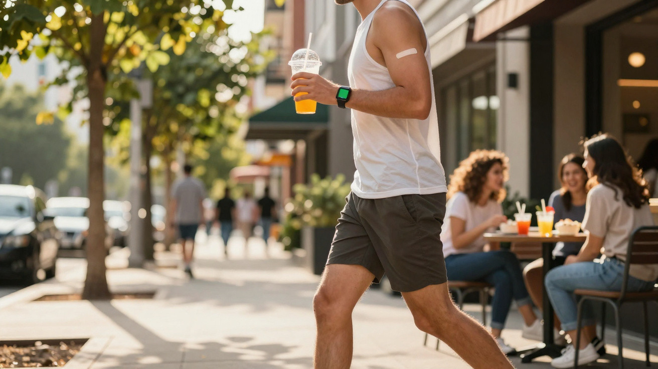 Homem com regata e aparelho smartwatch caminha numa rua urbana com bebida na mão e autocolante no braço.