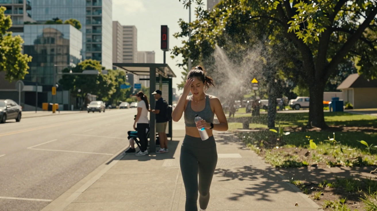 Mulher em roupa de desporto a hidratar-se com água enquanto corre numa calçada urbana com edifícios ao fundo.