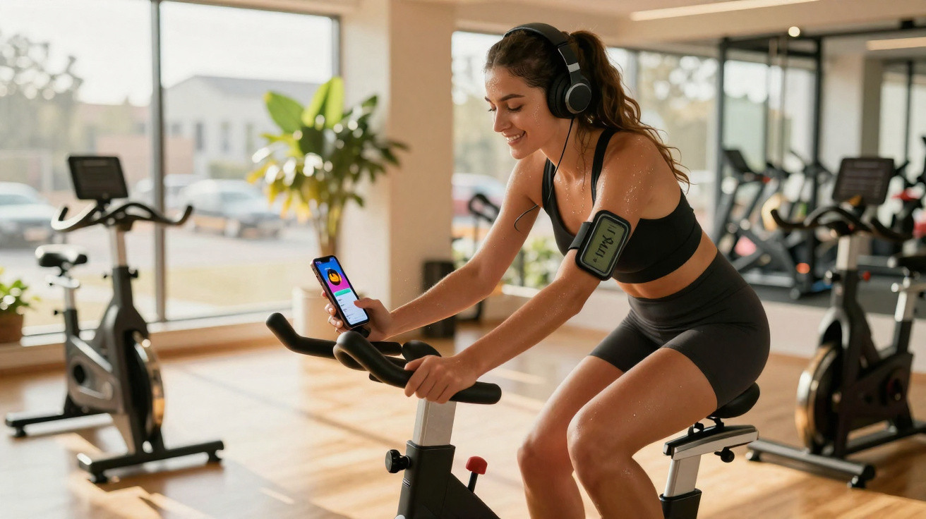 Mulher a pedalar numa bicicleta estática na ginásio, com auscultadores e a ver o telemóvel.