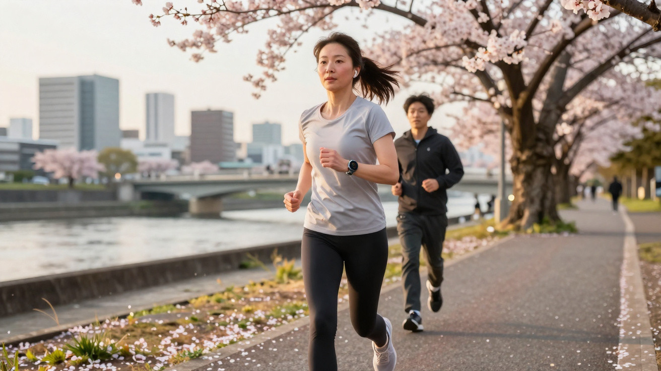 Mulher e homem a correr junto a um rio com flores de cerejeira em cidade urbana ao entardecer.