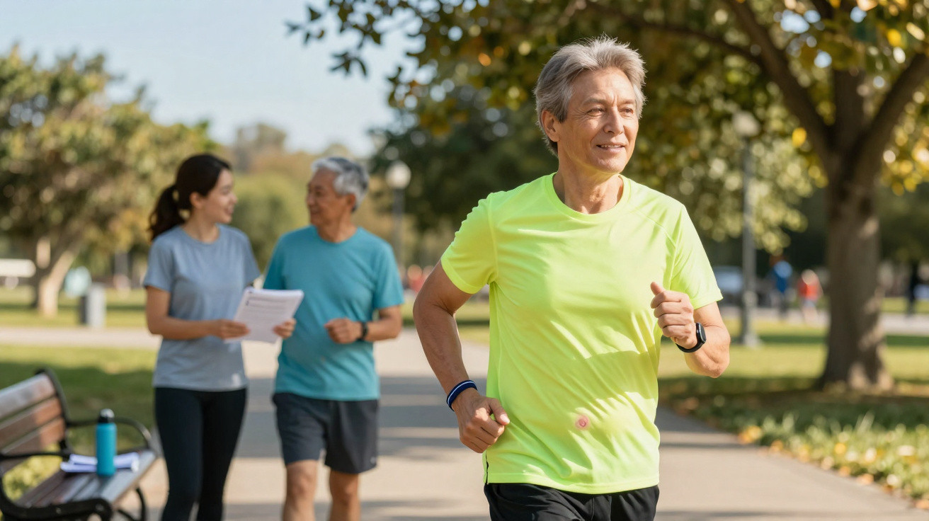 Homem idoso a correr no parque com outras duas pessoas a conversar ao fundo.