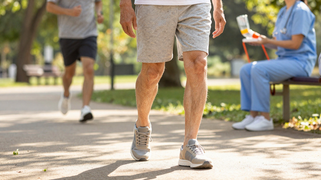 Pessoas a caminhar e correr num parque ensolarado, com uma profissional de saúde sentada num banco ao fundo.