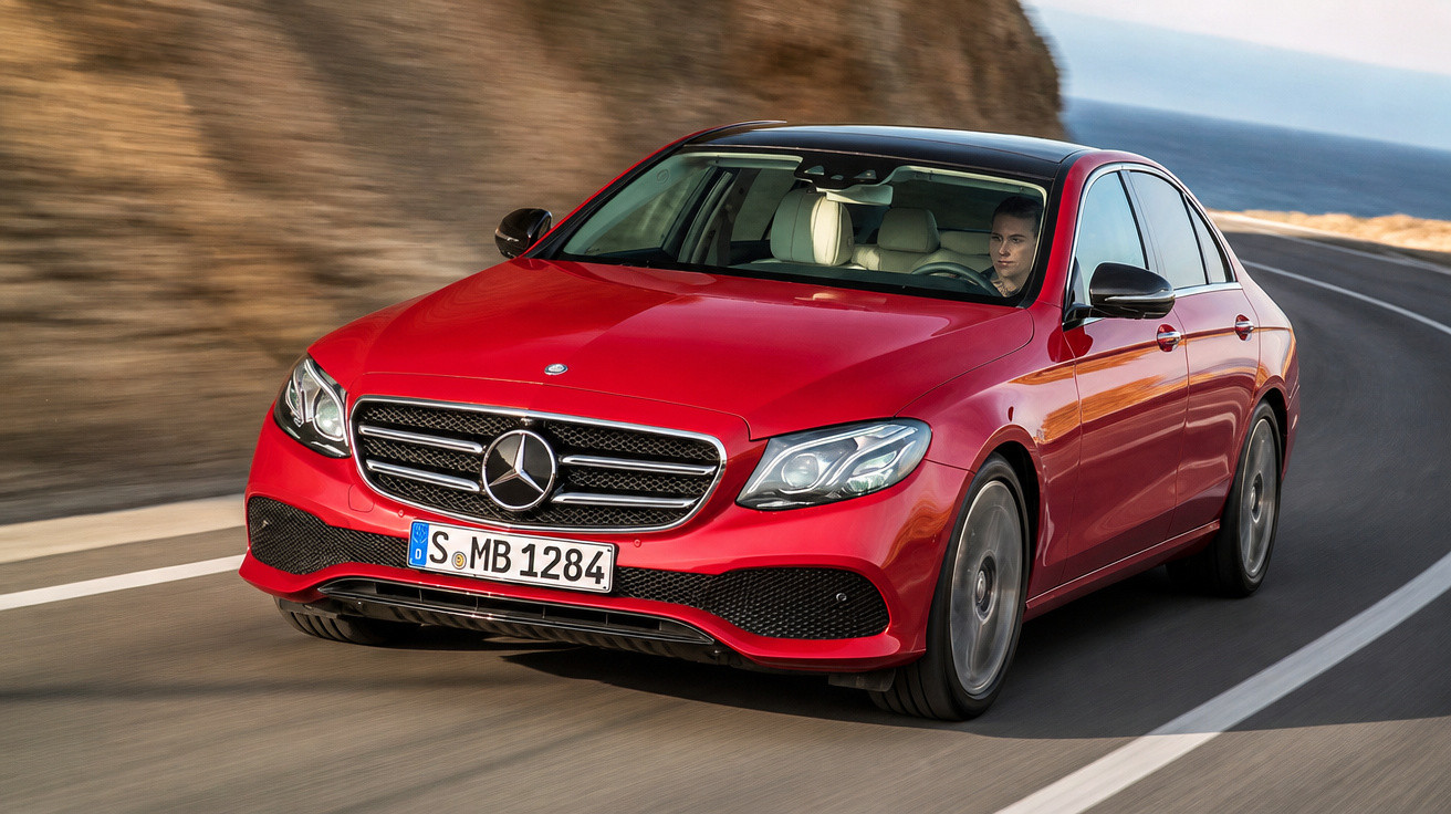 Carro vermelho Mercedes-Benz a circular numa estrada costeira com motorista ao volante.