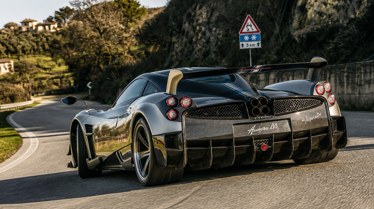 Carro desportivo preto Pagani Huayra BC a circular numa estrada sinuosa com sinal de gelo à frente.