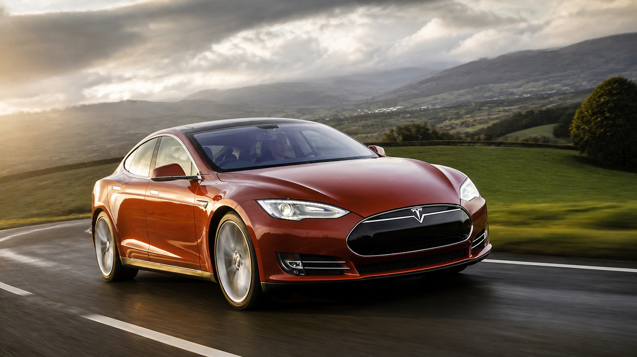Carro elétrico vermelho Tesla modelo S a conduzir numa estrada molhada em paisagem rural montanhosa.
