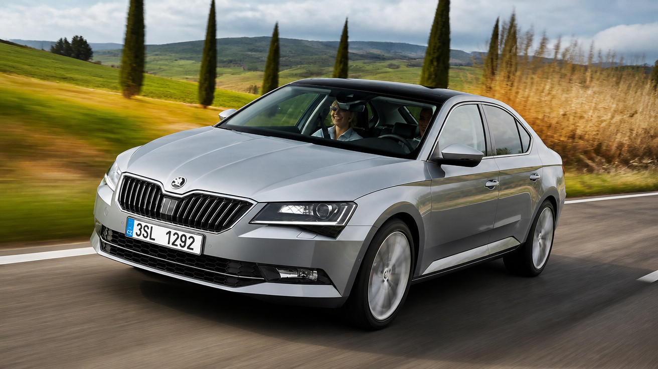 Carro cinzento Škoda Superb a circular numa estrada rodeada por campos e árvores ao fundo.