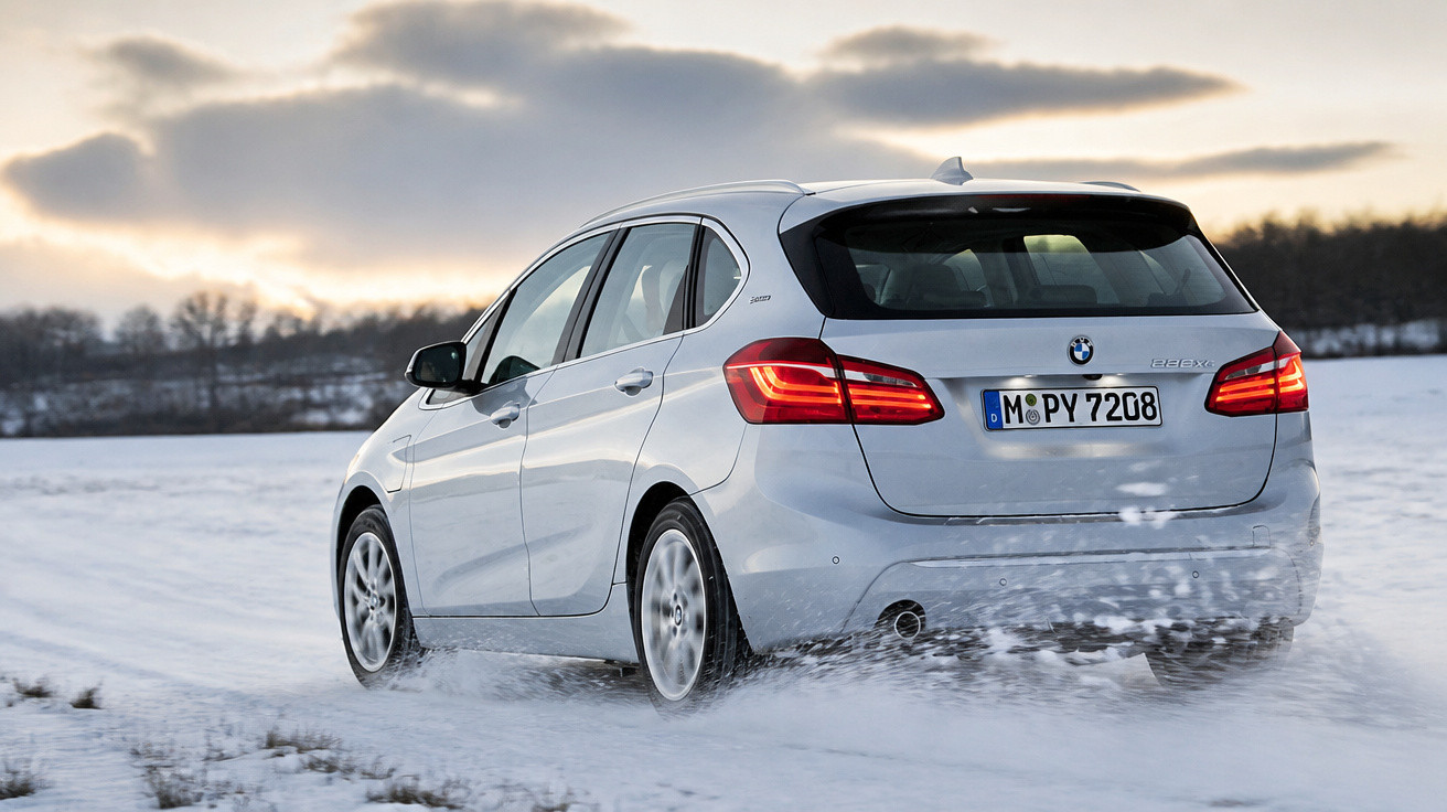 Carro BMW cinzento a conduzir na neve com faróis traseiros acesos ao pôr do sol.