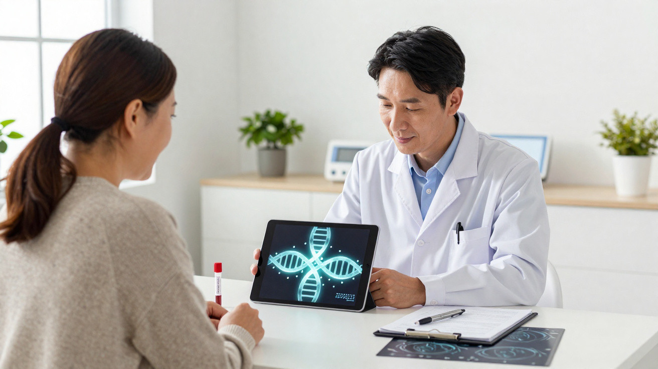 Médico a mostrar imagem digital de DNA numa tablet a uma mulher numa consulta num consultório.
