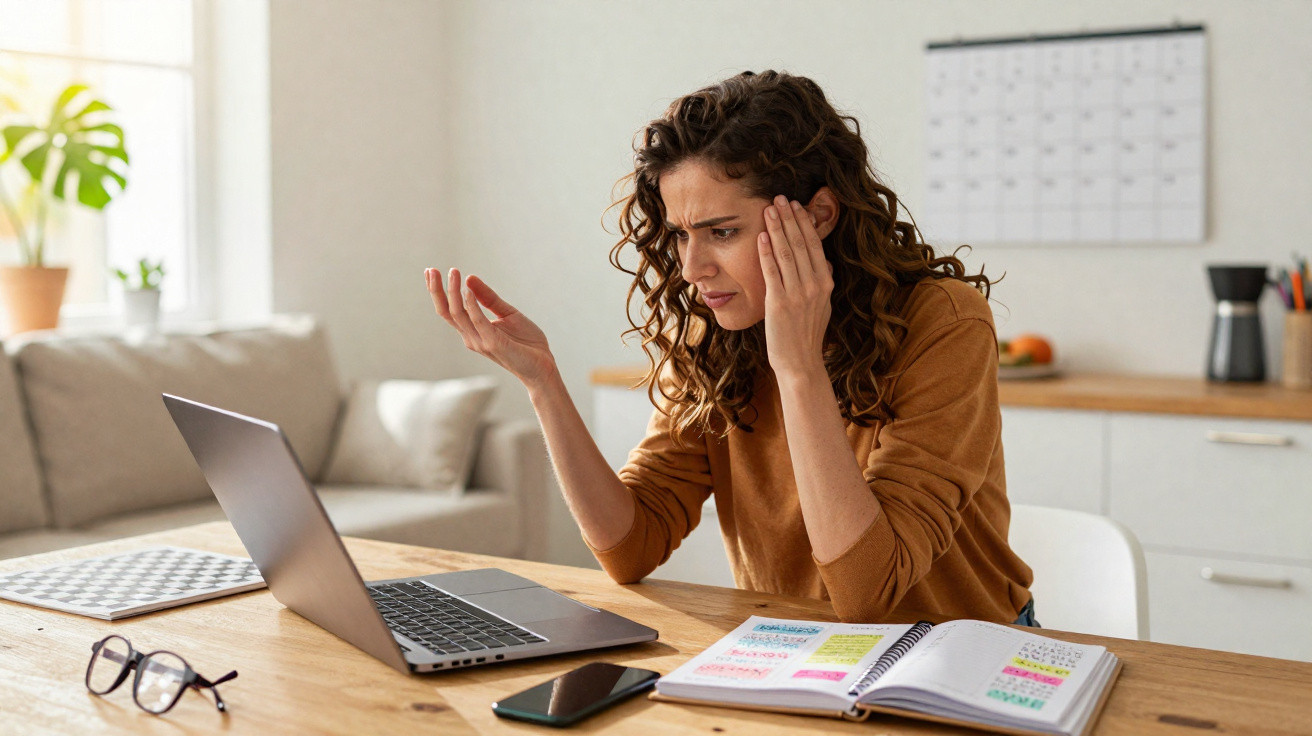 Mulher preocupada a olhar para o computador portátil numa mesa com caderno, telemóvel e óculos.