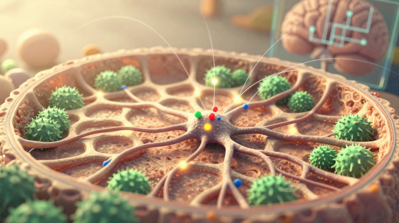 Imagem 3D de neurónios com sinapses e vírus verdes em fundo desfocado, representando atividade cerebral.
