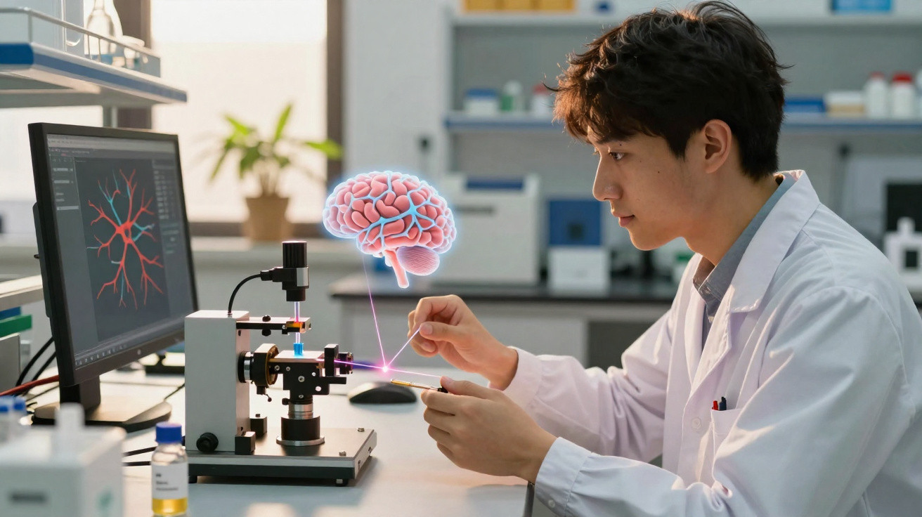 Cientista em laboratório a manipular equipamento com holograma 3D de cérebro no ar.