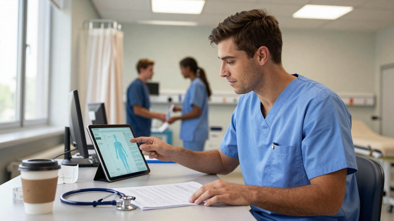 Médico com uniforme azul consulta dados num tablet num consultório enquanto outros profissionais conversam ao fundo.