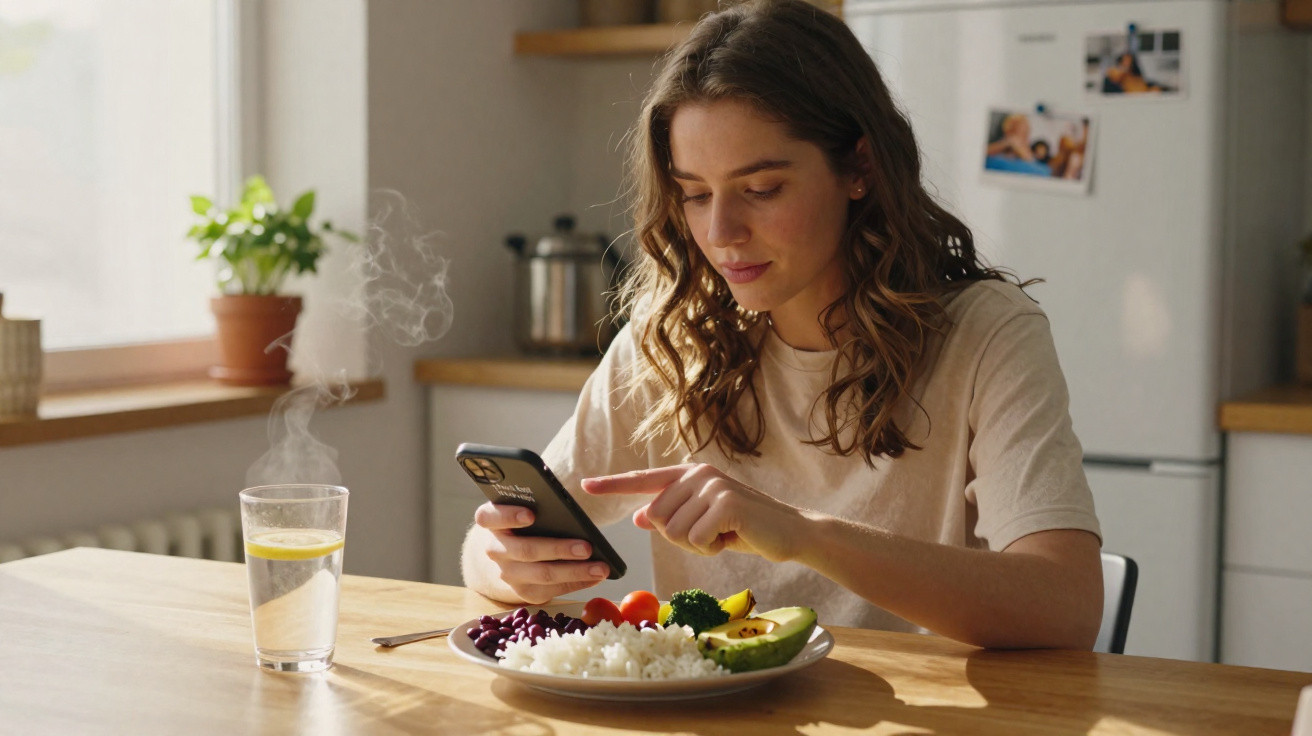 Mulher sentada à mesa a olhar para o telemóvel com um prato de comida saudável à sua frente.