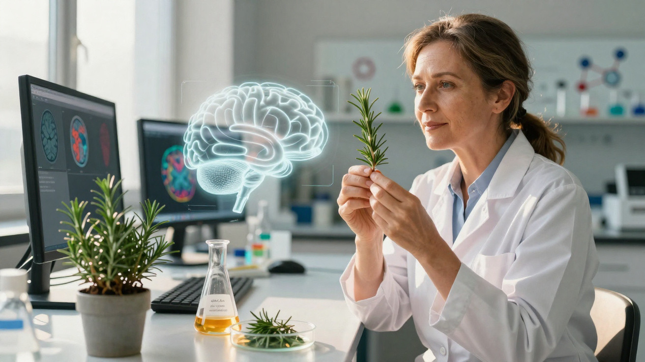 Cientista em laboratório analisa planta com holograma de cérebro e imagens cerebrais em ecrãs de computador.
