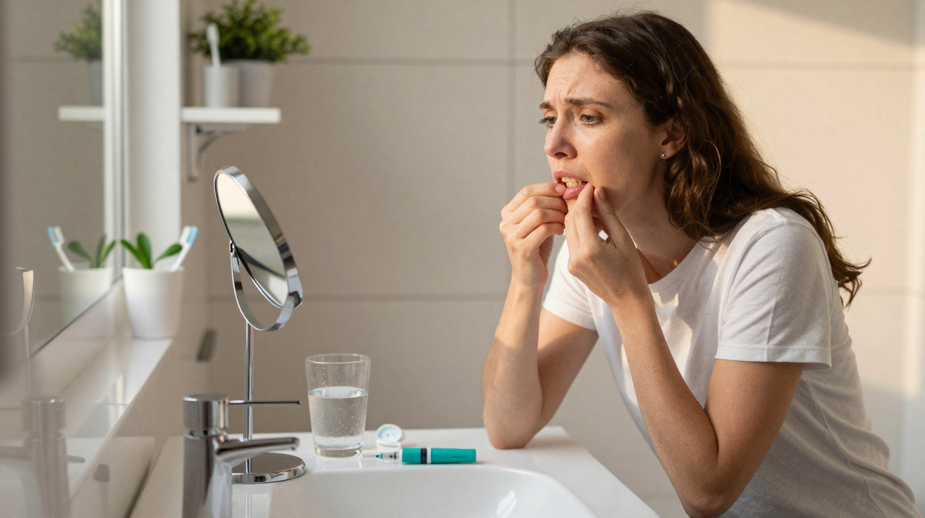 Mulher com camisola branca usa fio dental para limpar os dentes em casa, junto a uma pia com espelho e copo de água.