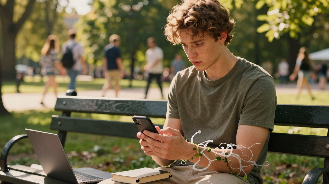 Jovem sentado num banco de parque a usar telemóvel, com computador portátil e livros ao lado.