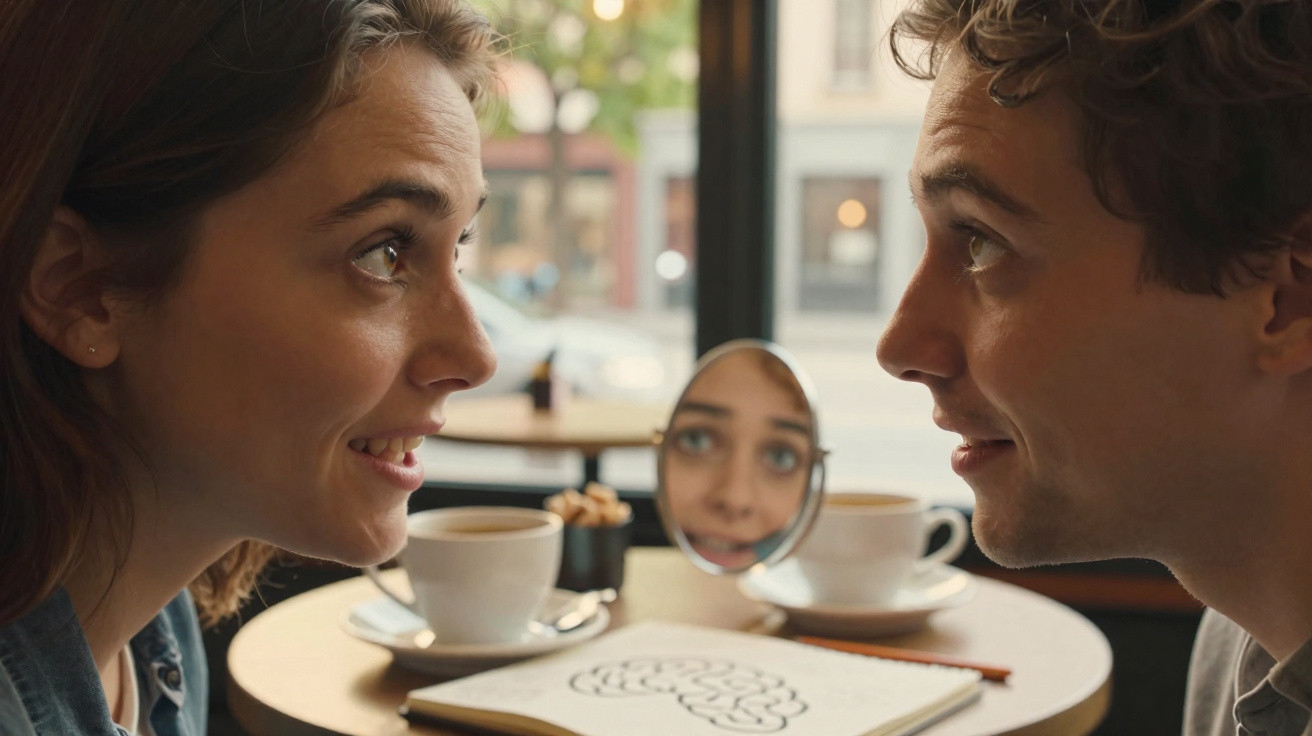 Duas pessoas a olhar-se sorridentes numa mesa de café, com um espelho pequeno refletindo o rosto de uma delas.