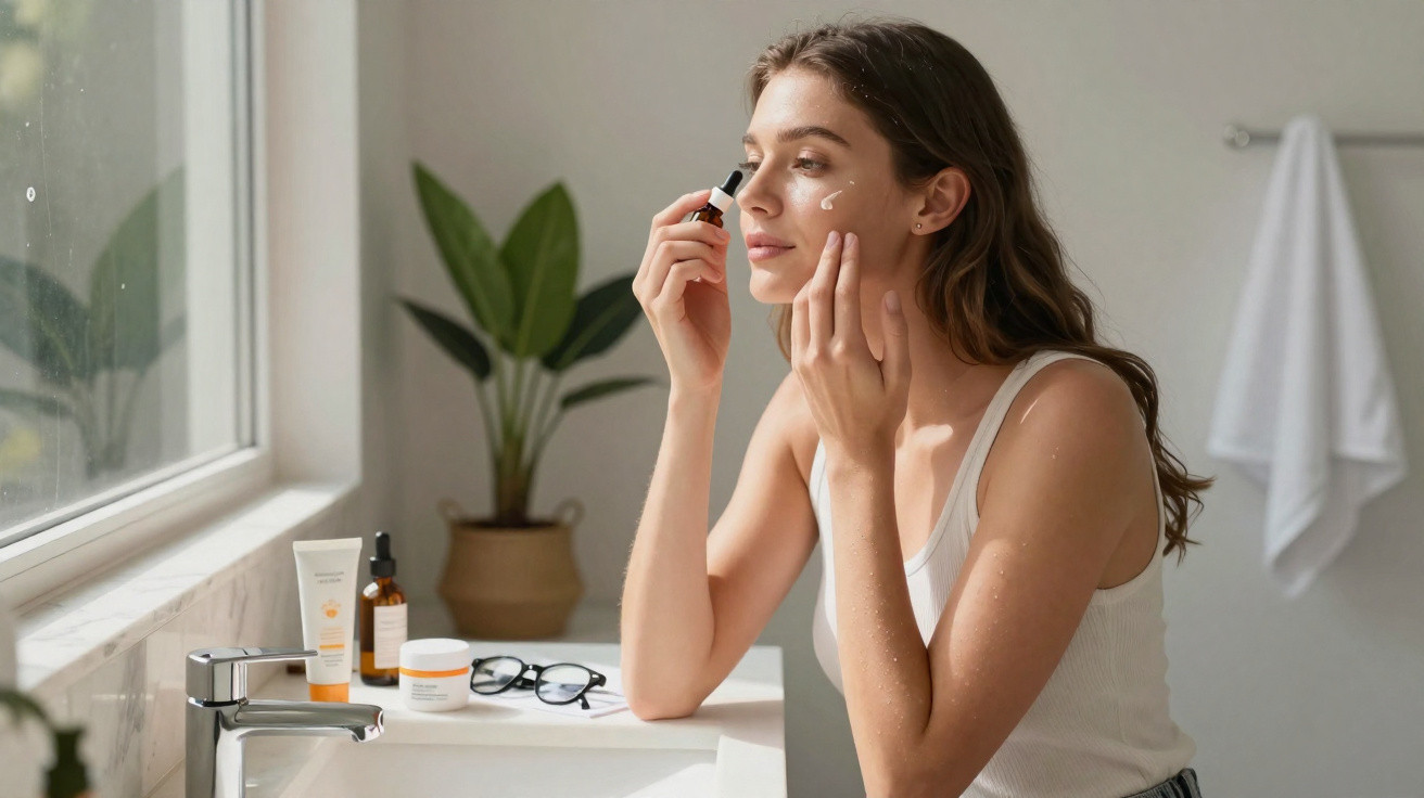 Mulher a aplicar sérum facial com conta-gotas junto a lavatório com produtos de cuidados de pele.