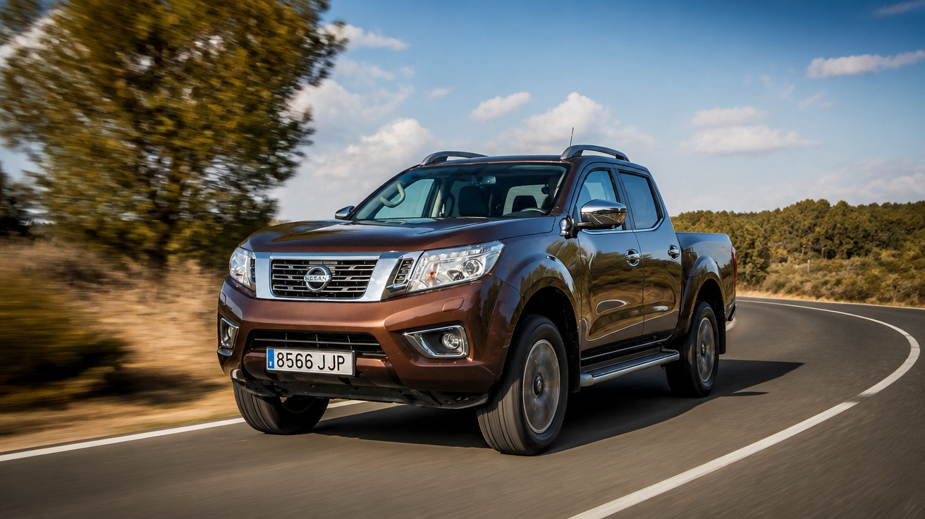 Carro pick-up Nissan de cor castanha a circular numa estrada curva rodeada de árvores e céu azul.