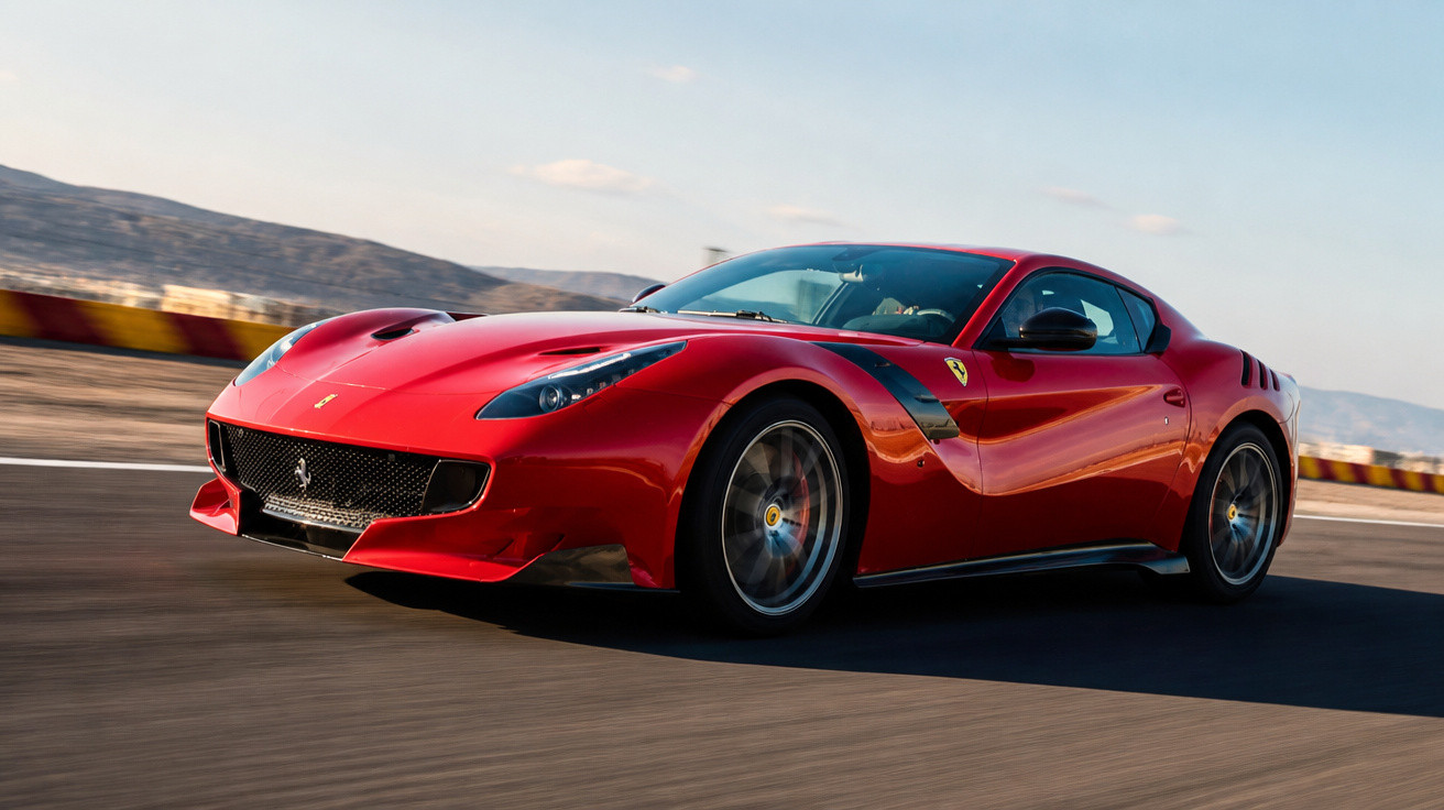 Carro desportivo Ferrari vermelho a alta velocidade numa pista de corrida com montanhas ao fundo.