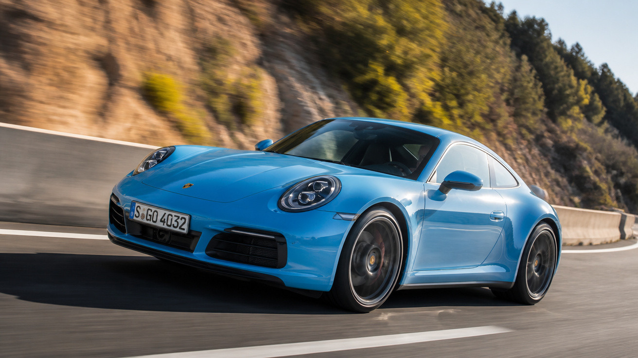 Carro desportivo azul a circular numa estrada sinuosa com montanha ao fundo sob céu azul.