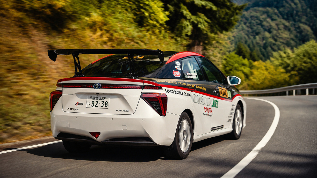 Carro de corrida Toyota a circular numa estrada sinuosa rodeada de árvores e montanhas.
