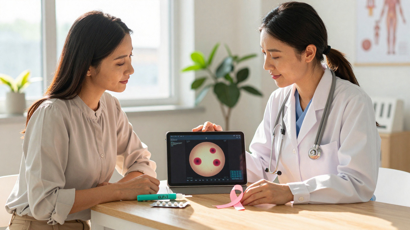 Médica a explicar a paciente imagens de pele num tablet, com fita rosa do cancro da mama na mesa.