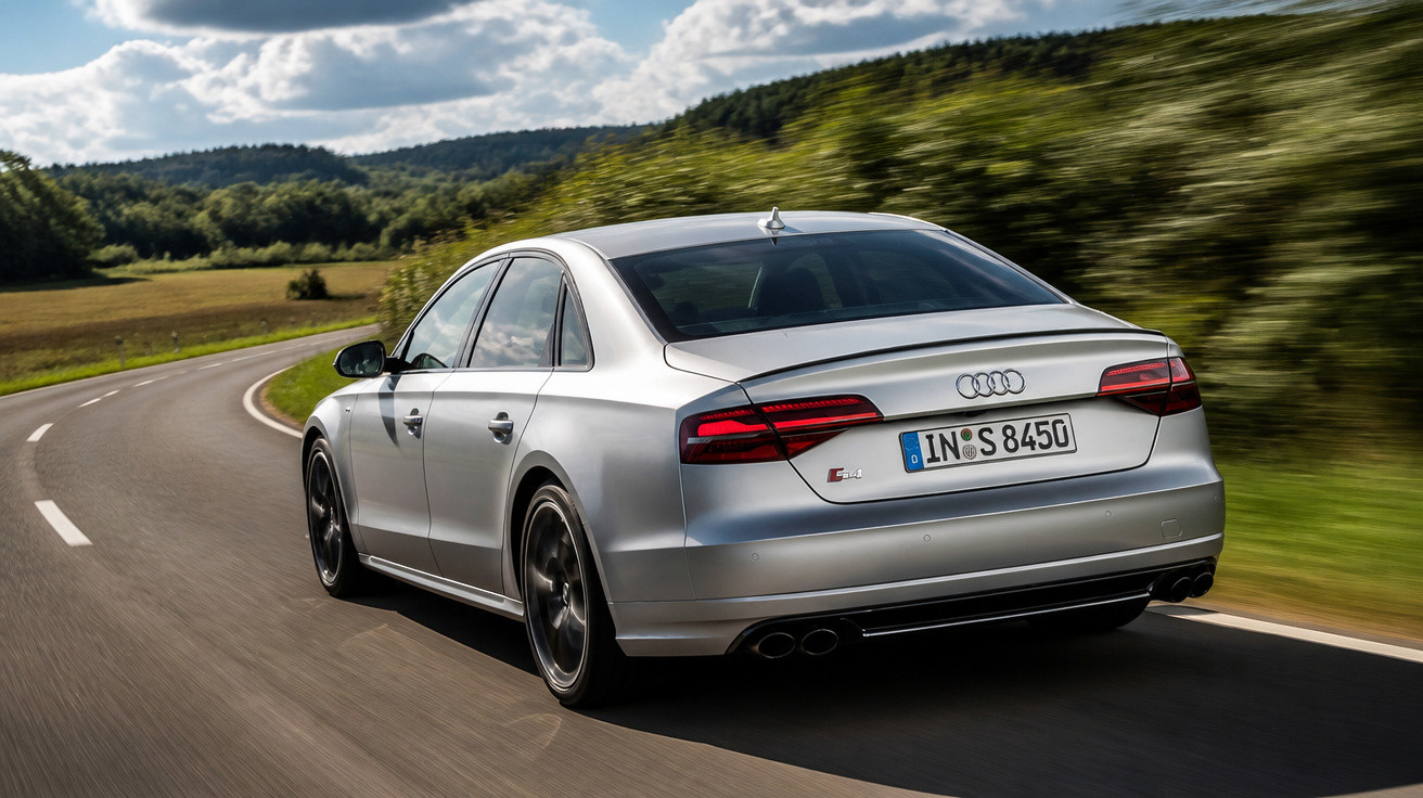 Carro Audi cinza prateado a circular numa estrada sinuosa rodeada de vegetação e céu nublado.