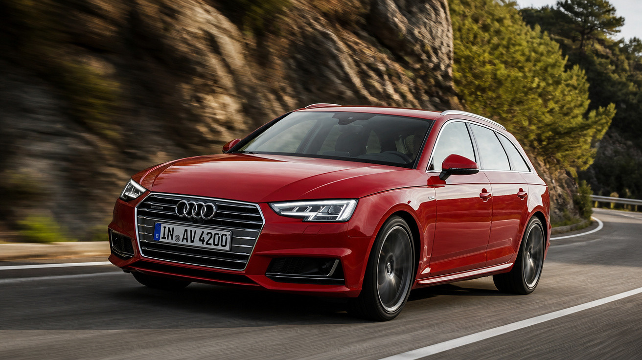 Automóvel Audi vermelho em estrada sinuosa junto a rochas e árvores ao fundo durante o dia.