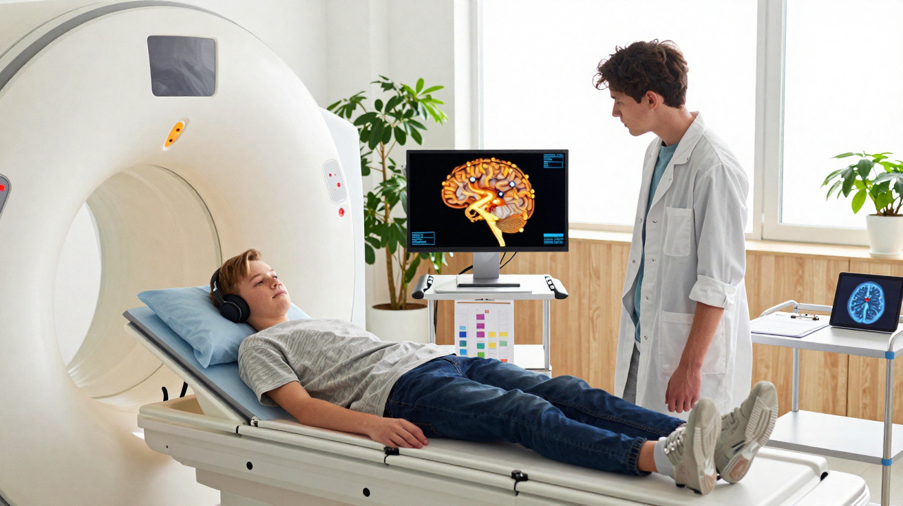 Paciente jovem deitado para ressonância magnética, com médico a observar imagens cerebrais num ecrã.